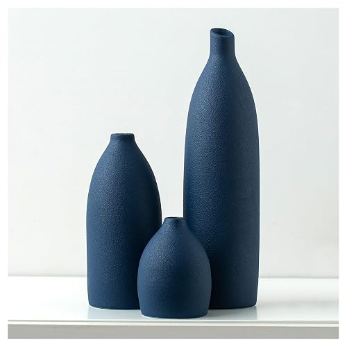 Mdaolv Matte Blue Vase Set Navy Blue Decor Coastal Decor Vases for Kitchen Island Living Room Office Table Fireplace Mantle Decorations & Bathroom Shelf Decor Centerpiece Table Decorations Ceramic - Navy Blue