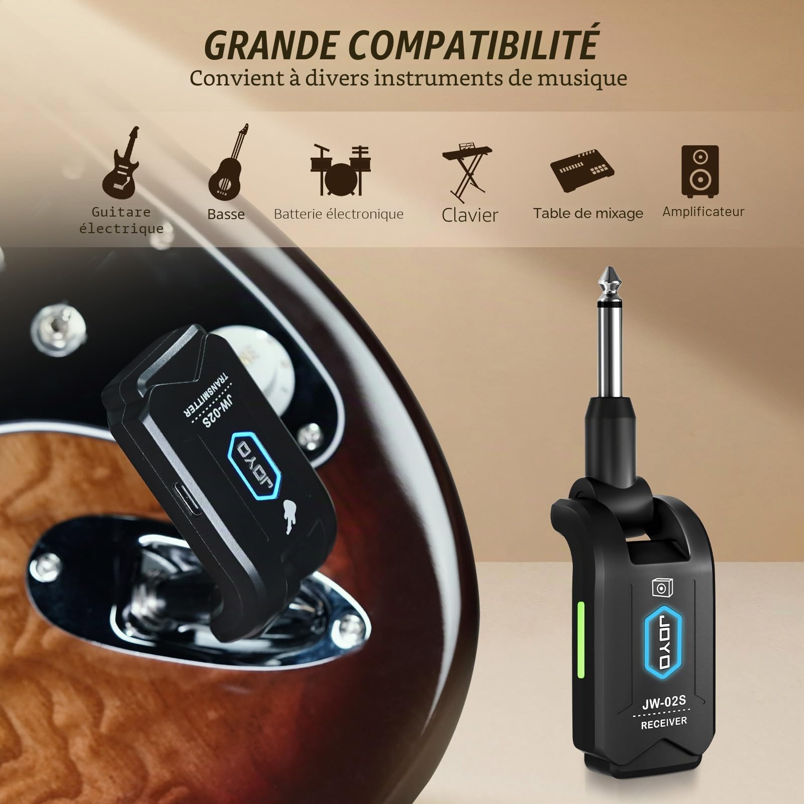 JOYO Système Guitare sans Fil 5.8 GHz - Émetteur-Récepteur Rechargeable 4 Canaux pour Guitare/Basse, Portée 20m (JW-02S)