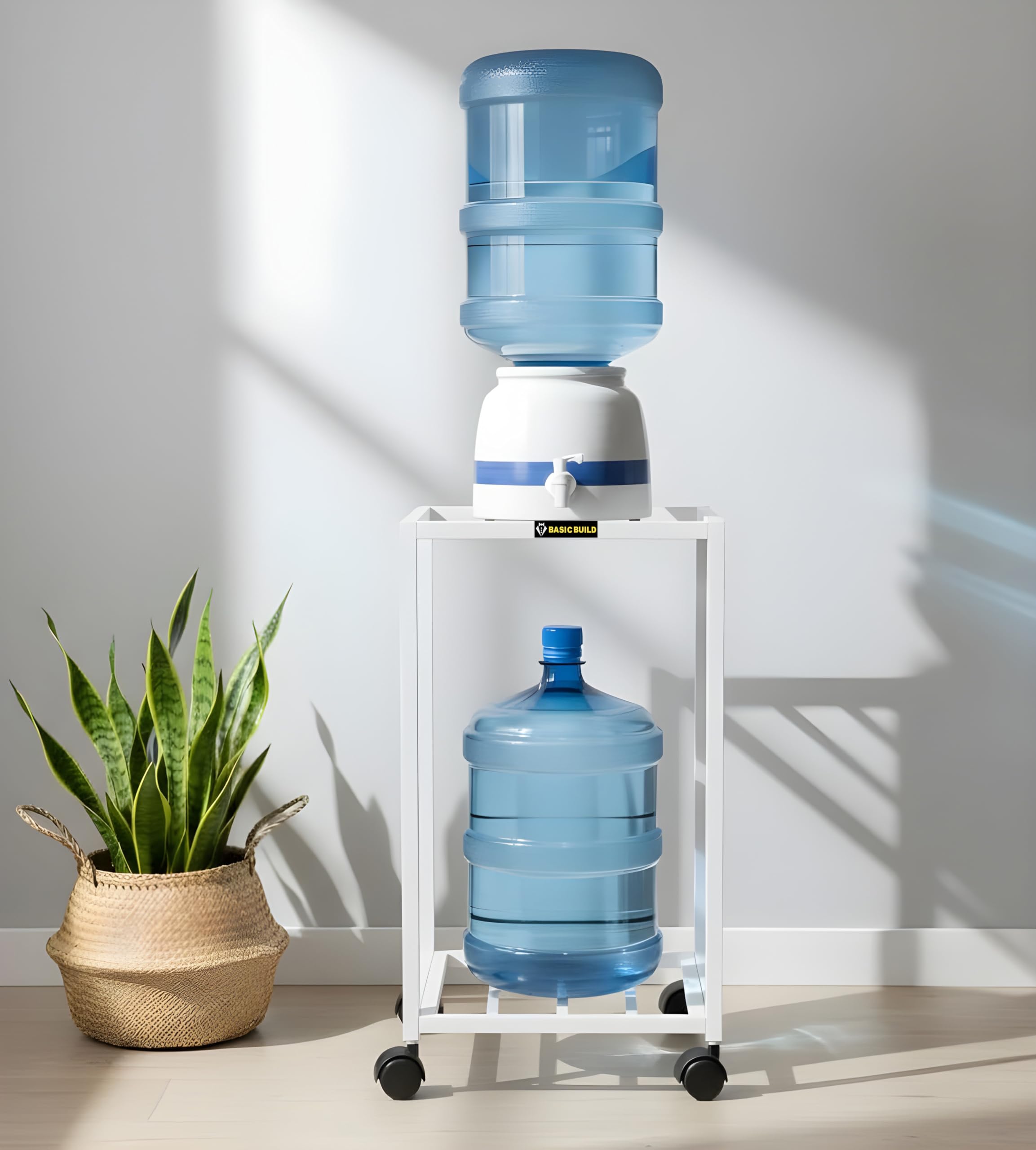 Basic Build 2-Tier Metal Water Dispenser Stand with Lockable Wheels – Heavy-Duty Frame Cart for 20–25L Bottles, Cans & Jars | Multifunctional Kitchen & Home Storage and Mobility Solution (White)-picture-15