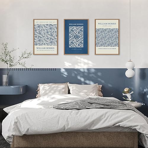 Miniatura 5 de HOURIA William Morris - Juego de arte de lienzo enmarcado floral para pared, diseño de flores blancas y azul marino, arte botánico con textura