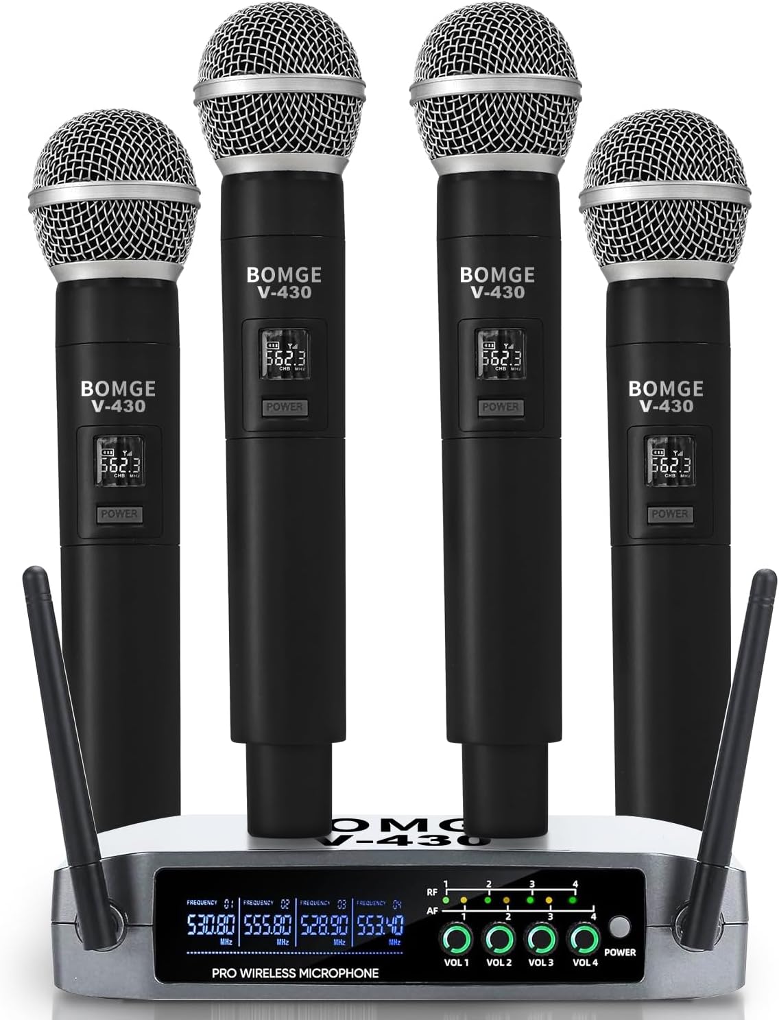 BOMGE Wireless Microphone System, Pro 4-Channel Cordless Mic Set with Four Handheld Mics, Fixed Frequency, Long Range 200ft, Ideal for Church,Karaoke, Events (V430)
