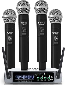 BOMGE Wireless Microphone System, Pro 4-Channel Cordless Mic Set with Four Handheld Mics, Fixed Frequency, Long Range 200ft, Ideal for Church,Karaoke, Events V430