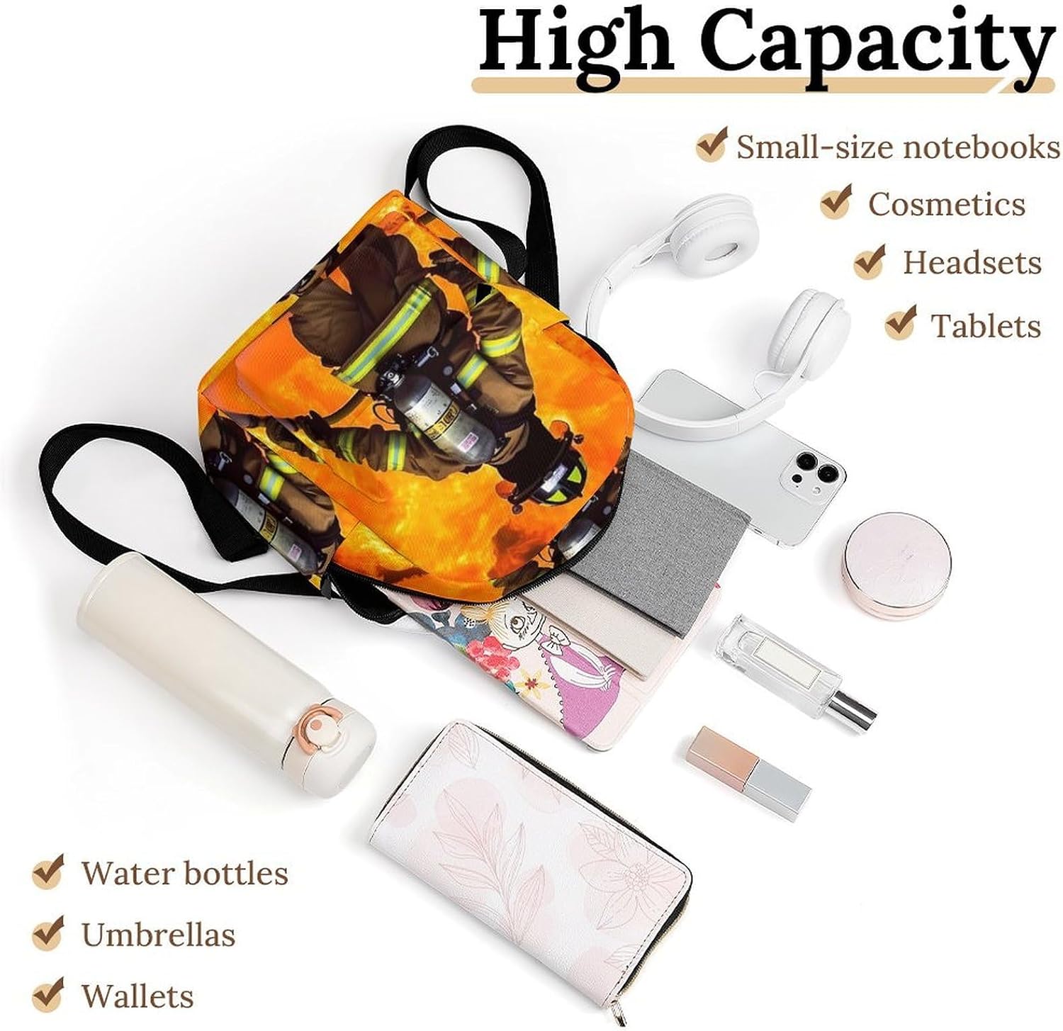 Waterproof Mini Backpack for Women - 10 Inch Oxford Lightweight Daypack Cute Bag Small Daypack Firefighter Fireman Flame Small Backpack Purse for Travel Work Weekender