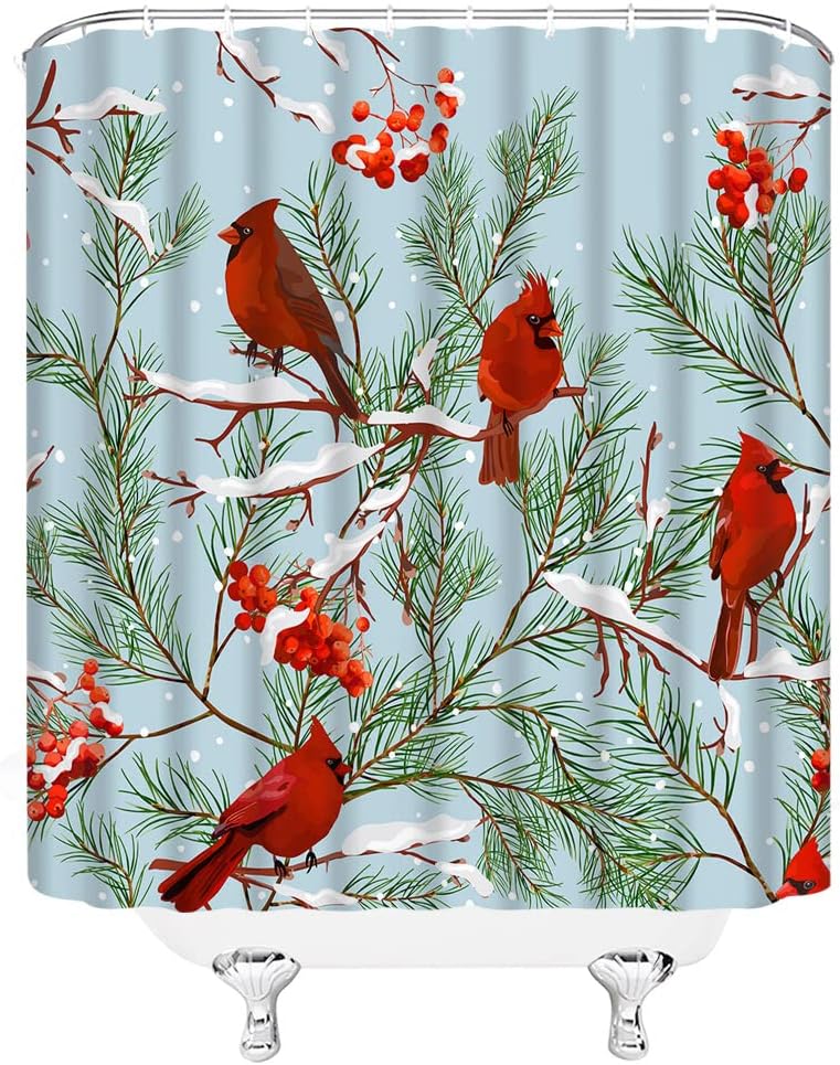 GCTNBJL Merry Christmas Shower Curtain Cardinals Xmas Tree Branch Snowflake Winter Holiday Berry Forest Festival Rustic Nature Bathroom Home Curtain with Hooks,Blue Red Green