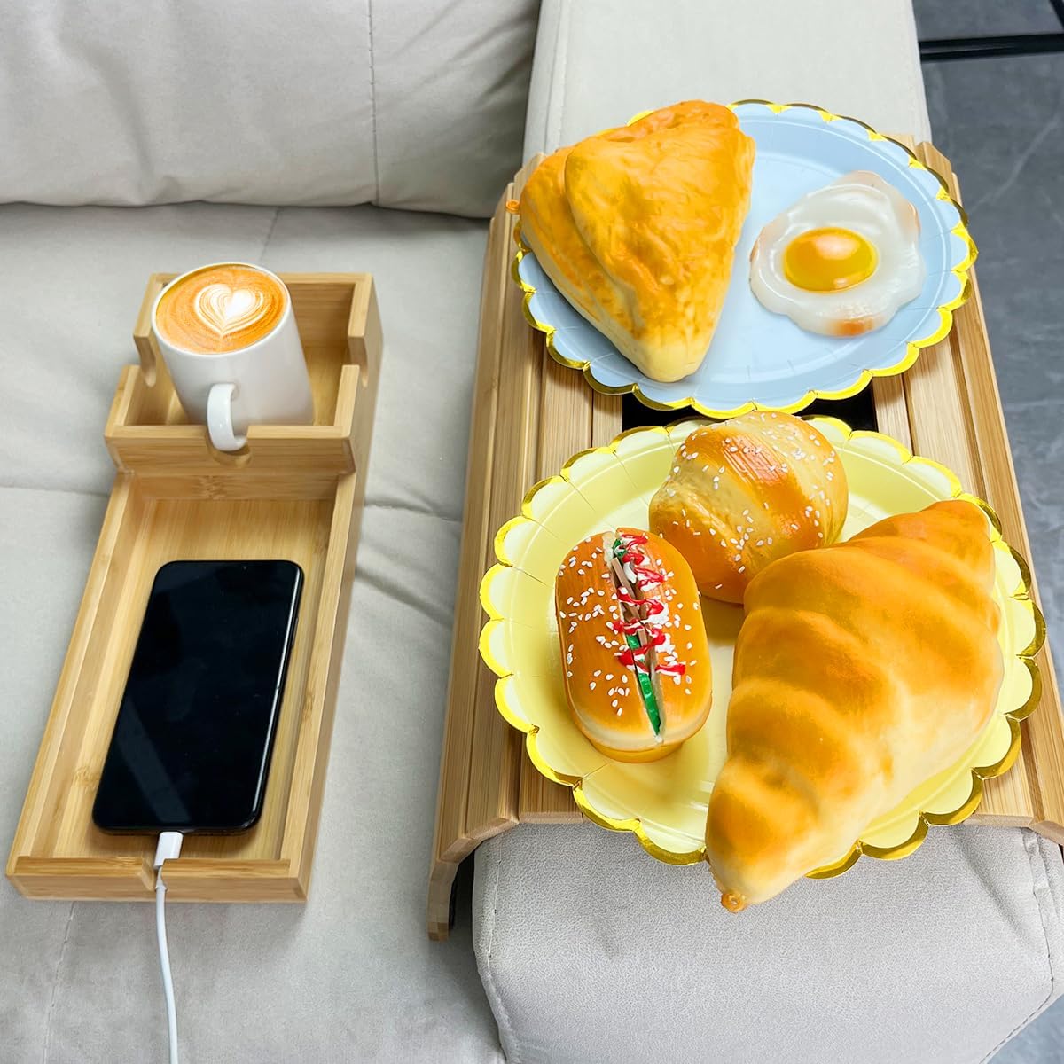 Bamboo Sofa Armrest Tray, 2 in 1 Magnetic Couch Cup Holder with Anti-Slip Back, Foldable Couch Arm Table for Remote, Cellphone, Drinks, Snacks