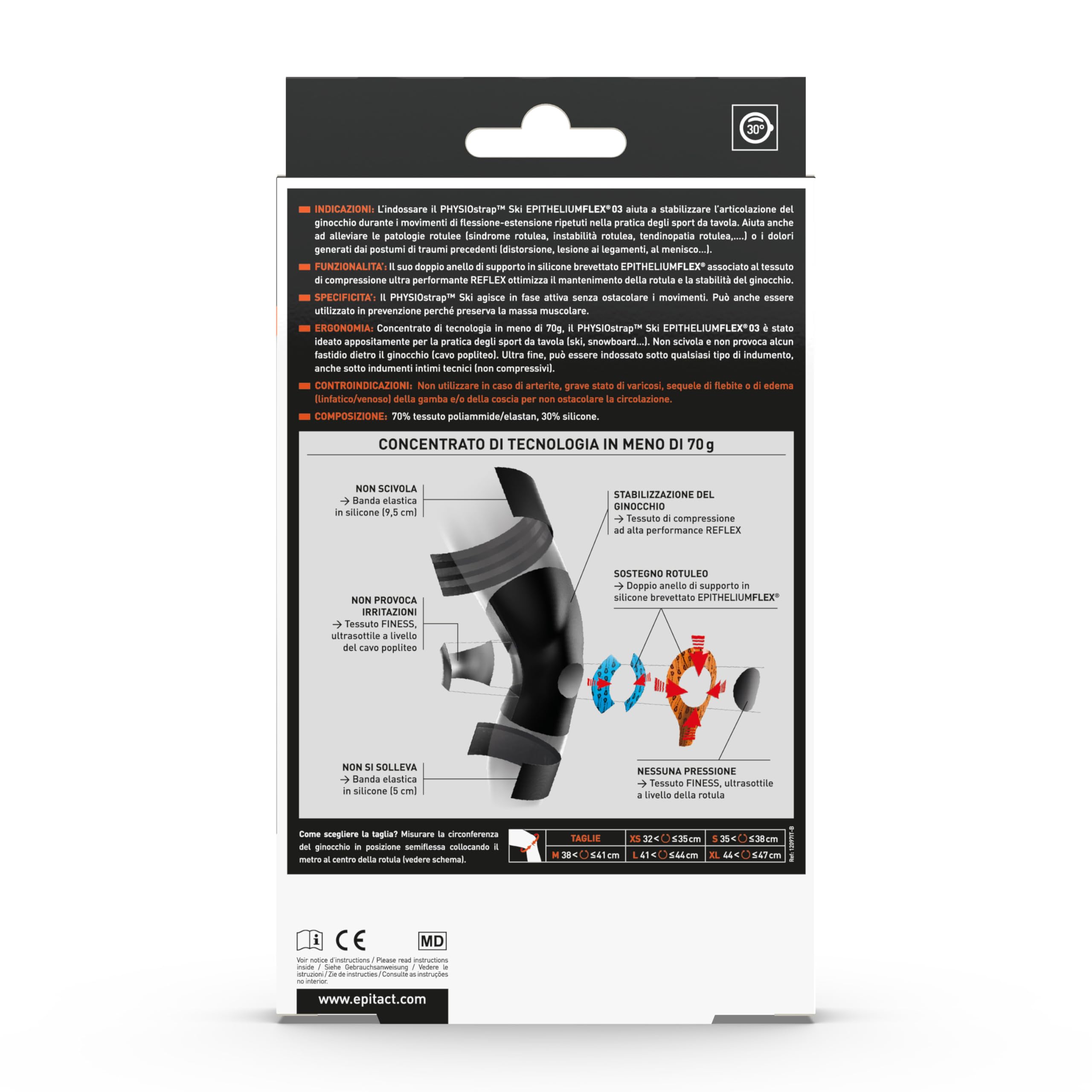Epitact | Ginocchiera Physiostrap Ski | Ginocchio Fragile e Dolorante | Allevia e Protegge il Ginocchio, Sostegno Rotuleo Rinforzato | Ultrafine, Flessibile, Leggera | Tenuta Ottimale (M)