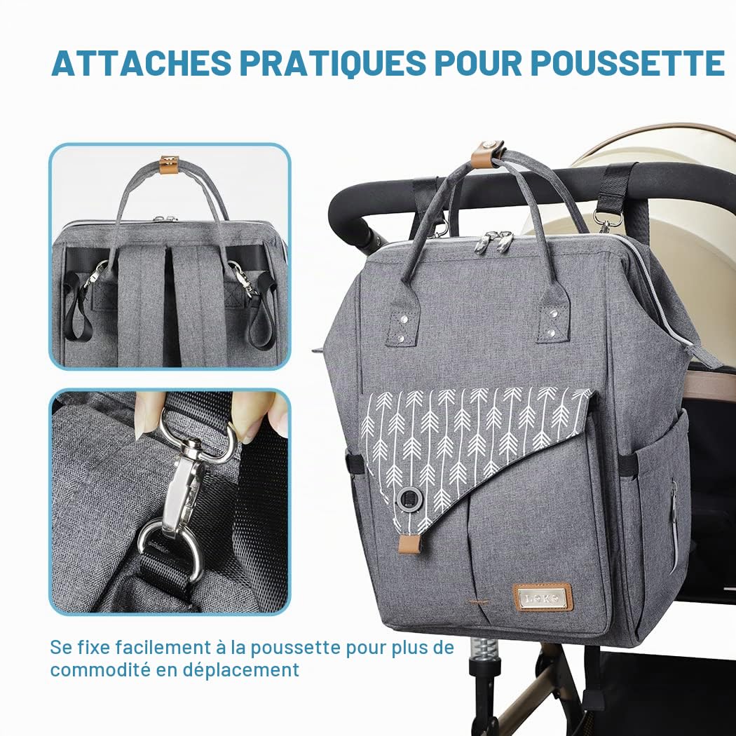 Lekebaby Sac à langer à porter comme un sac à dos avec matelas à langer Motifs flèches Gris