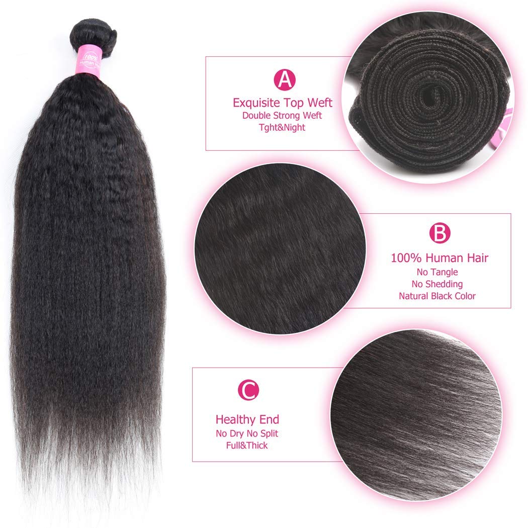 Odir Kinky Straight Bundles with 13x4 Frontal Brazilian Human Hair 12 14 16+10 Inch Unprocessed 9A Yaki Straight Virgin Hair 3 Bundles with Lace Closure Frontal Remy Hair Extensions Natural Color image 4