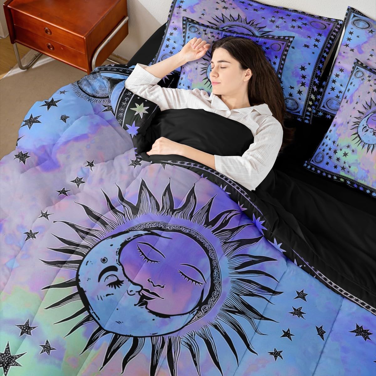 Erosebridal The Sun and Moon Bed in a Bag Queen Comforter Set 7 Piece,Exotic Bohemian Bedding Sets Watercolor Tie Dye Comforter and Sheet Set,Boho Stars Starry Sky Room Decor