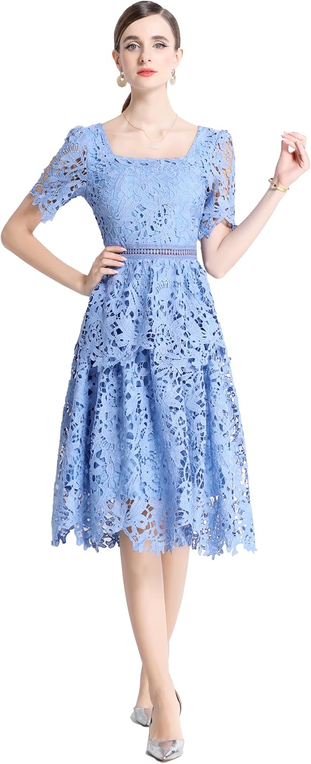 LAI MENG FIVE CATS Women's Lace Square Neck Short Sleeve Crocheted Waist Summer Ruffled Midi Dress