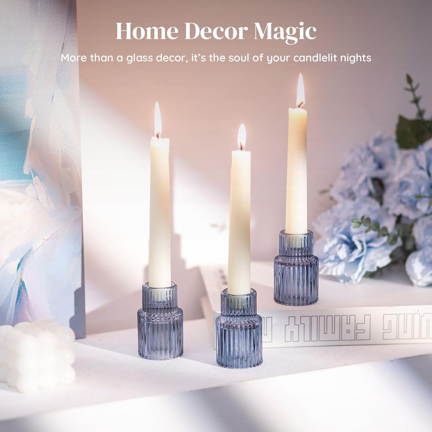 Glasseam Candle Sticks Holder Decor: Set of 20 Blue Ribbed Glass Candle Holder Modern Fluted Taper Candle Holders Bulk for Table Centerpiece Wedding Decorations Dinner Party Home Decor