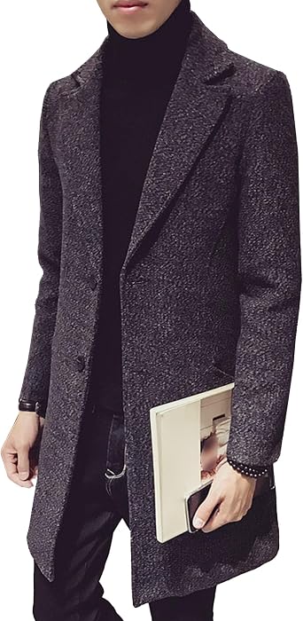 Mens Herringbone Wool Blend Long Overcoat Woollen Business Casual Trench Notched Lapel Single Breasted Coat