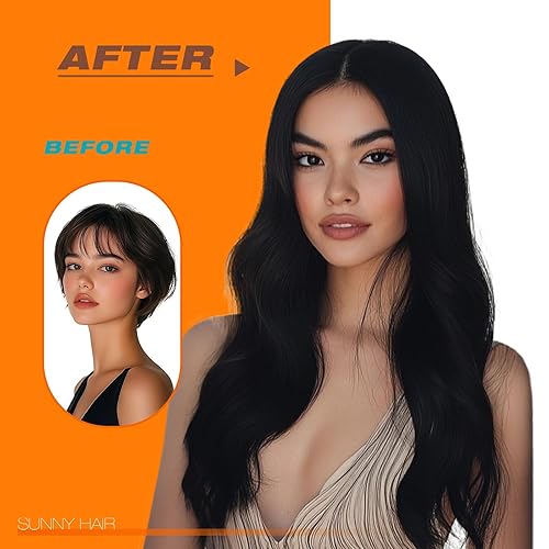 Miniatura 6 de Sunny Hair - Extensiones adhesivas de cabello humano, 24 pulgadas, cinta invisible, color negro azabache, para mujeres, 1.76 onzas, 20