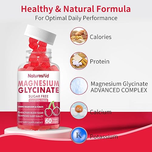 Miniatura 2 de Gomitas de glicinato de magnesio de 1000 mg  Suplemento de magnesio y potasio sin azúcar con vitamina D, B6, CoQ10 para un estado de ánimo tranquilo