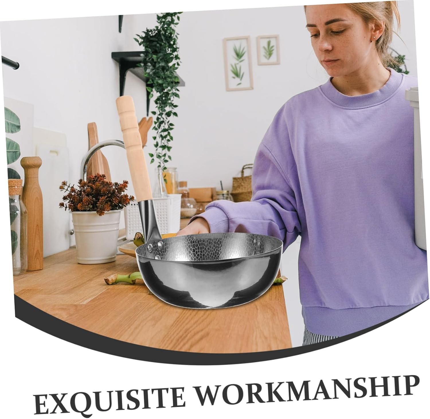 Alipis Stainless Steel Hammered Rice Noodles Pot Small Cooking Pot Wood Handle Versatile Porridge and Soup Pan for Instant Noodles and Stews Kitchen Essential