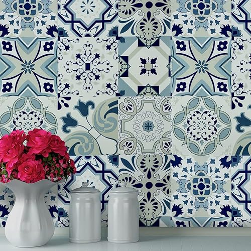 Miniatura 9 de JZHOME 1231 Papel tapiz de azulejos mediterráneos para despegar y pegar, 17.7 x 9.8 pies, papel de contacto autoadhesivo azul bohemio, extraíble,