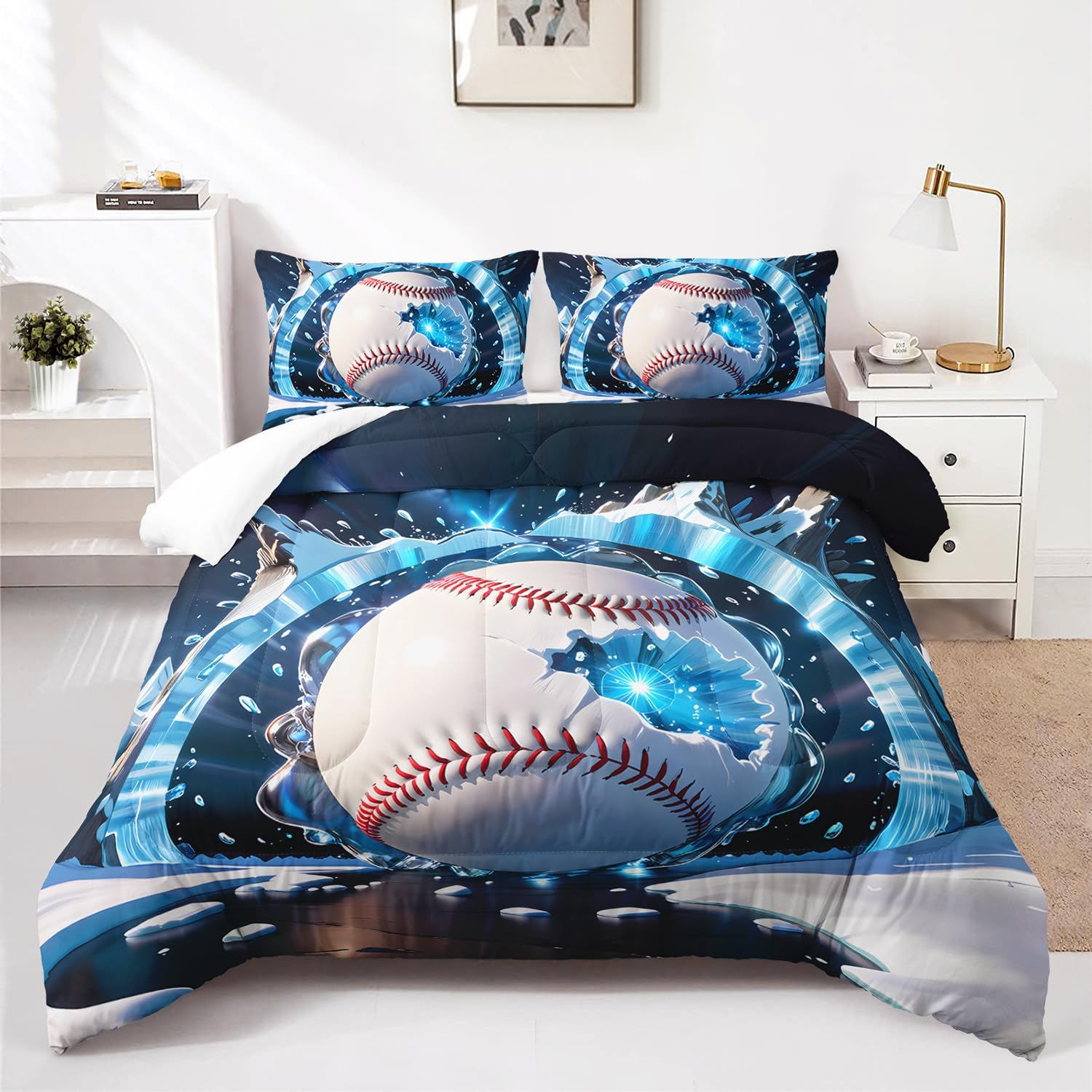 AILONEN Sport Baseball Comforter Set for Boys, White Snow Baseball Twin Bedding Set for Kids,3D Print Decoration Lightning Baseball Bed in a Bag Comforter with 2 Pillowcases,3 Pieces