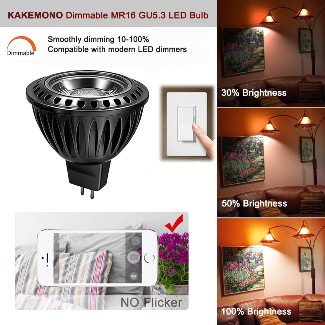 MR16 LED Light Blub Dimmable, 6W 2700K Warm White, AC/DC 12volt, Aluminum Housing,GU5.3 bi-pin Light Bulbs for Indoor Landscape Lighting, Pack of 6