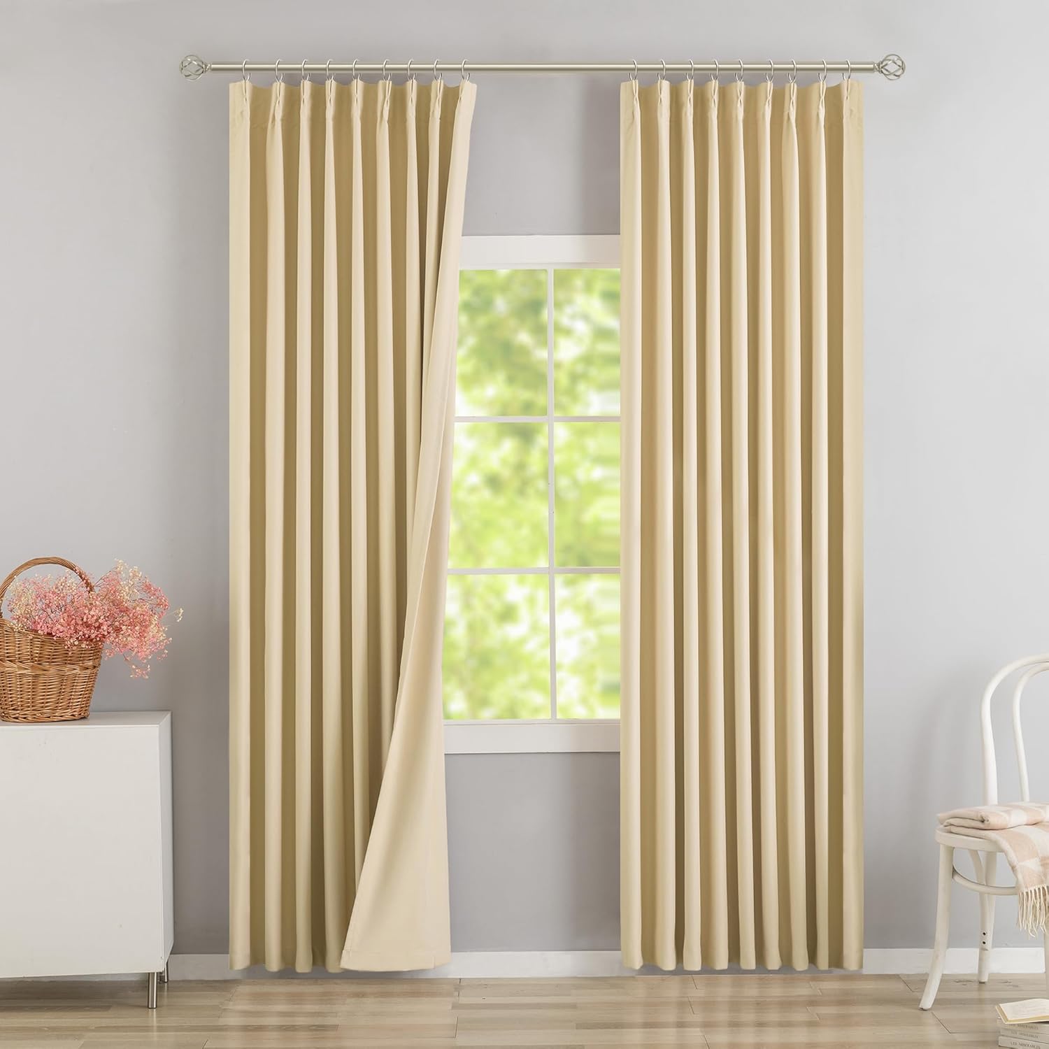 DONREN Beige Pinch Pleated Blackout Curtains with Hooks - 90 inch Length Room Darkening Thermal Insulated Window Curtain Panels for Living Room Bedroom 2 Panel 40" Wx90 L