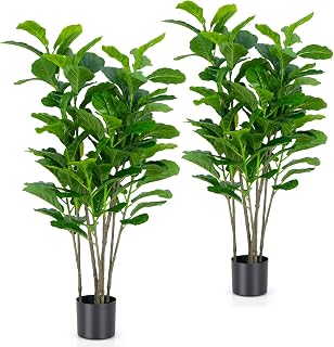 GOFLAME 2-Pack 51 Inch Artificial Fiddle Leaf Fig Tree, Tall Artificial Greenery Plant with 100 Leaves, Lifelike Decorative Natural Faux Tree in Pot for Indoor & Outdoor Home Office Porch Garden