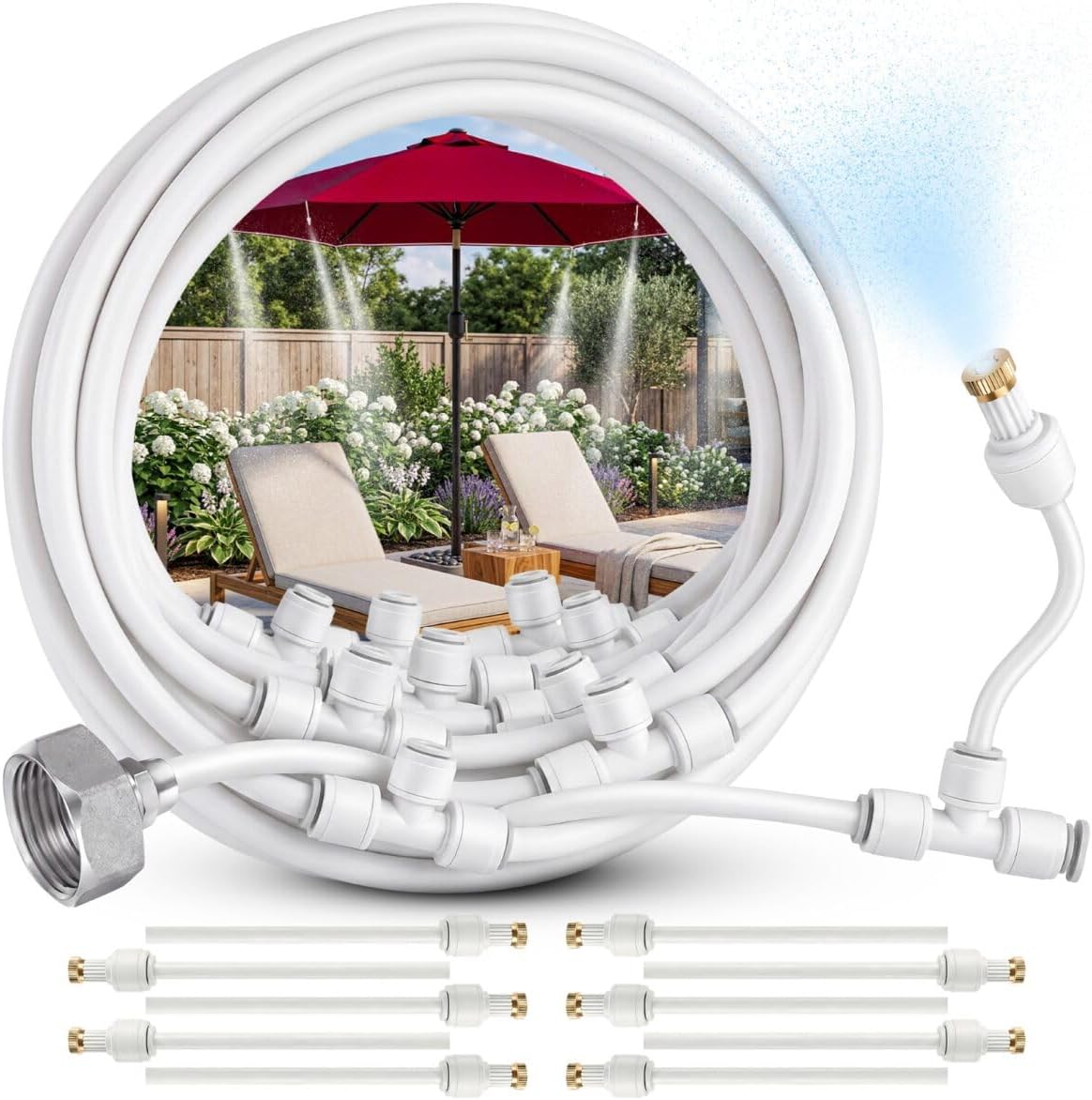 Misting System for Patio, 75 FT Outdoor Misters for Outside Patio Cooling, Fine Mist Mister Kit with Flexible Rod Nozzles, Garden Faucet Setup for Pergola, Garden, Greenhouse, Backyard, White