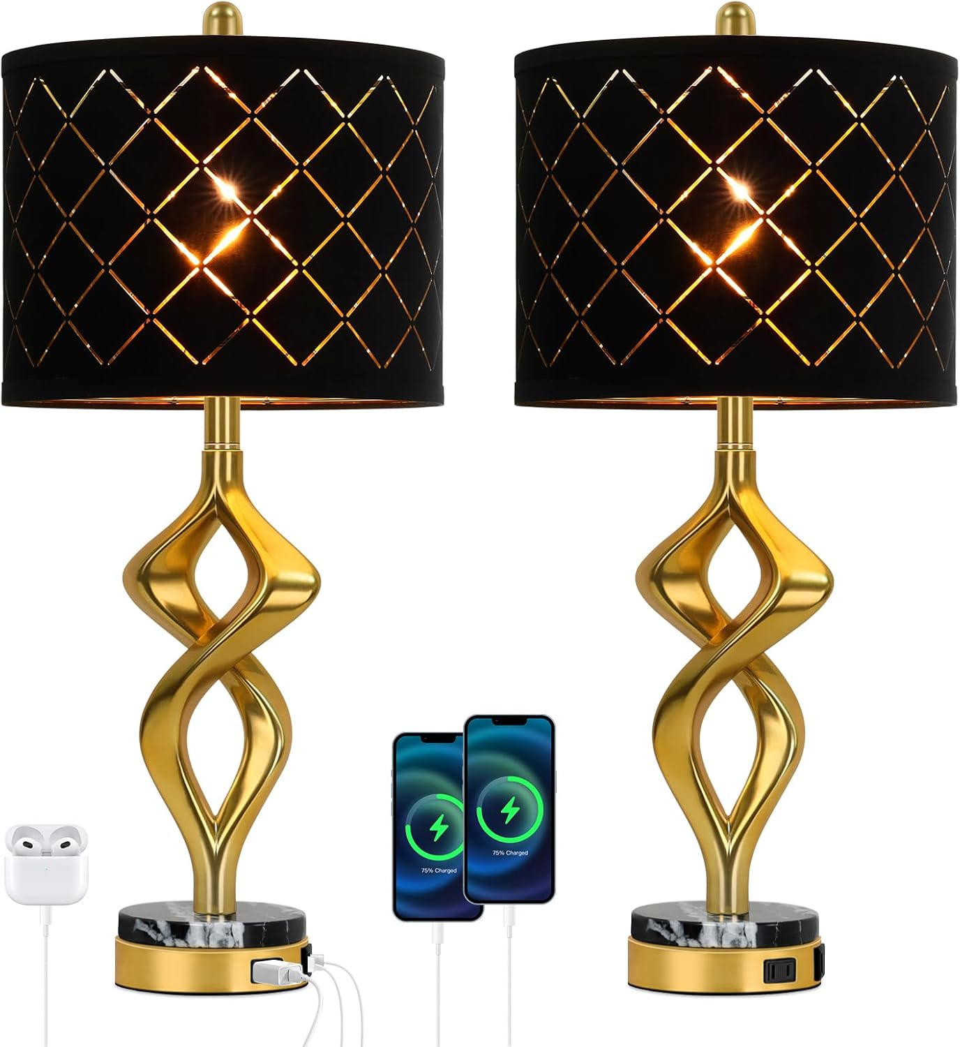 28.5" Modern Sculptural Living Room Table Lamps Set of 2 with USB Ports and Outlet, Gold Bedside Table Lamps with Black Marble Base, Nightstand Lamps for Bedroom with Luxurious Black Grid Lampshade
