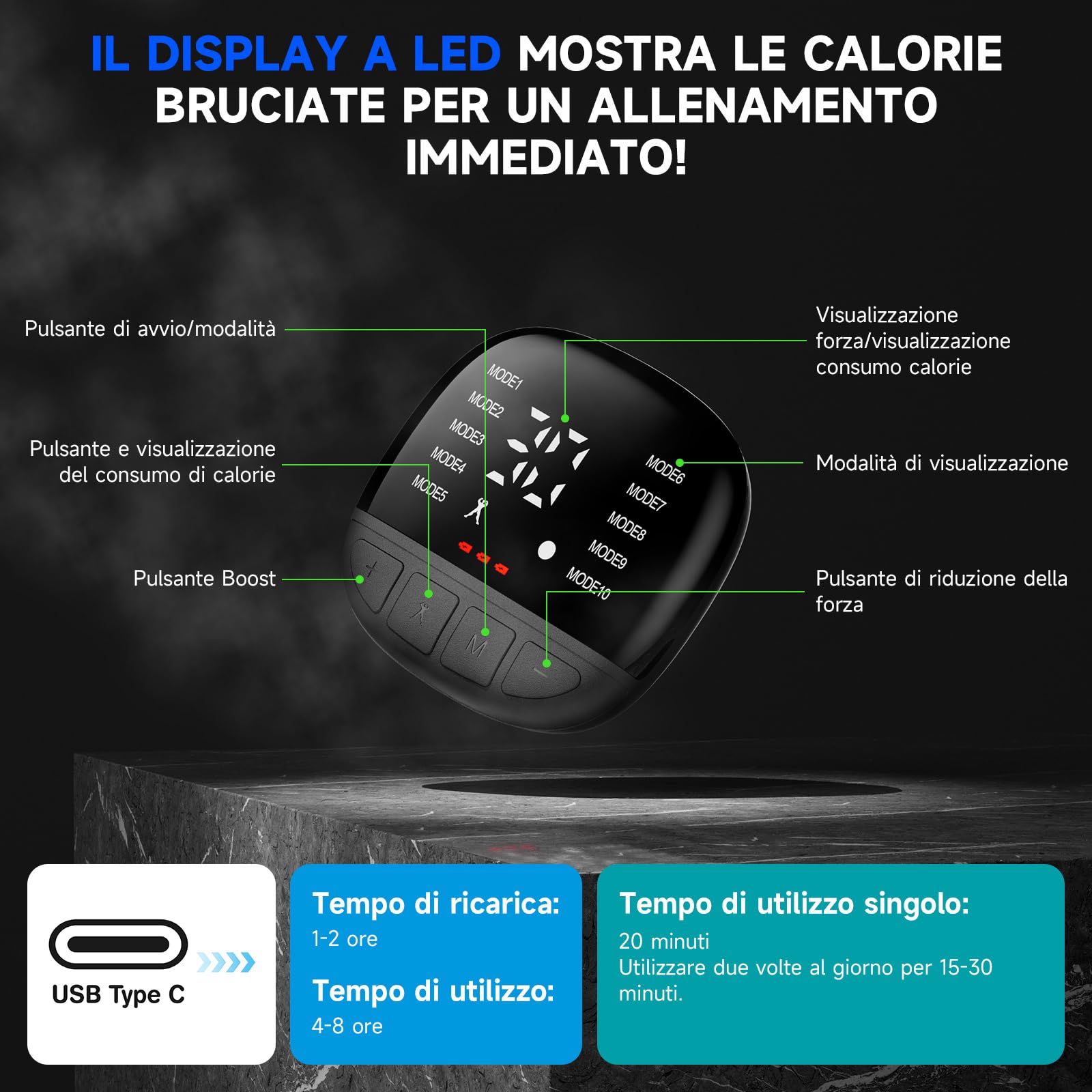 Profey Elettrostimolatore Muscolare EMS, Elettrostimolatore Addominali con 10 modalità E 30 Intensità, EMS Addominali Stimolatore per Braccio Gambe Uomo Donna, Elettrodi in Alluminio