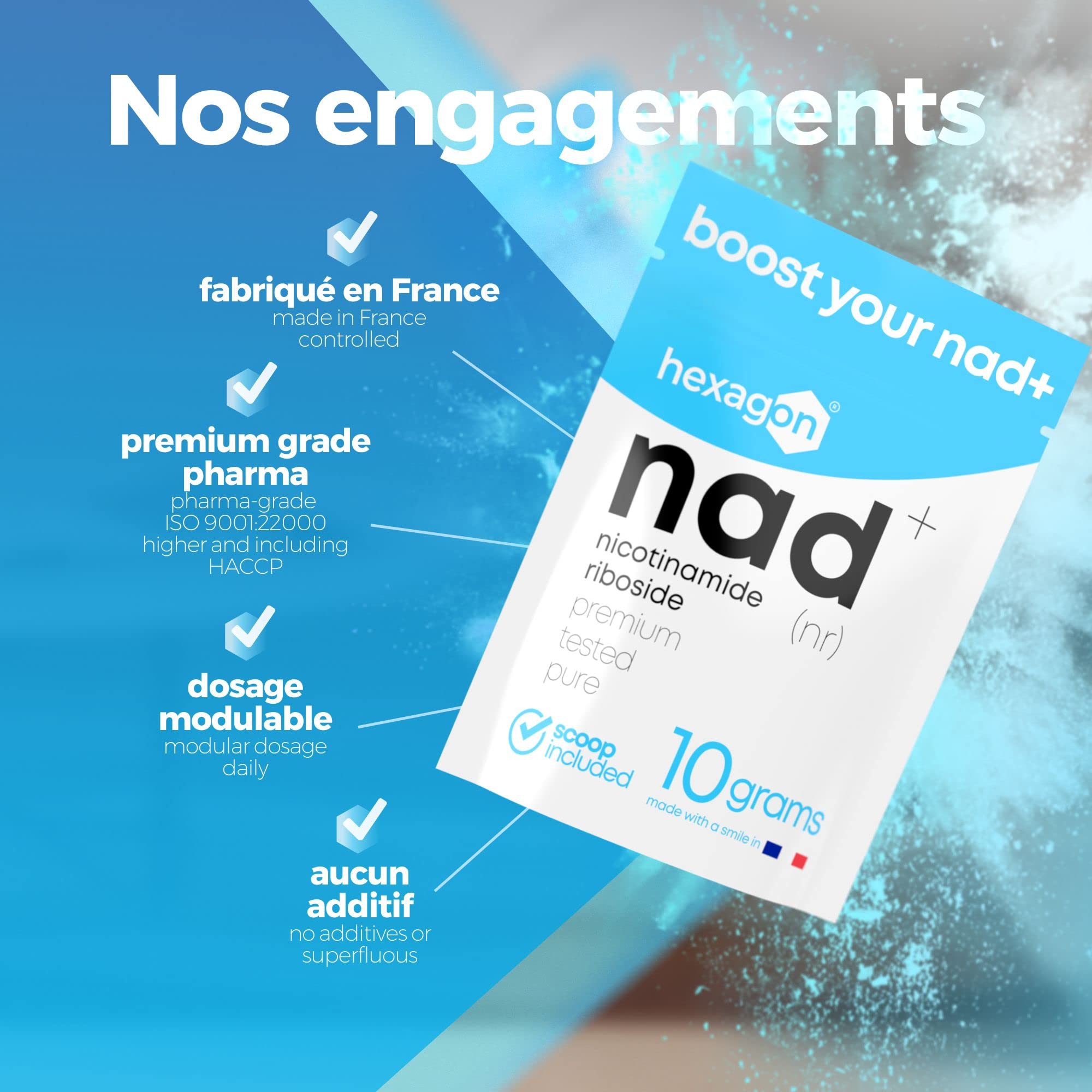 NAD+ Nicotinamide Riboside Chloride - +31 Jours de Cure - Poudre Pure, 10 Grammes - Contre l'âge et la fatigue - NAD Booster - Fabriqué et Testé en France - Vegan - Hexagon