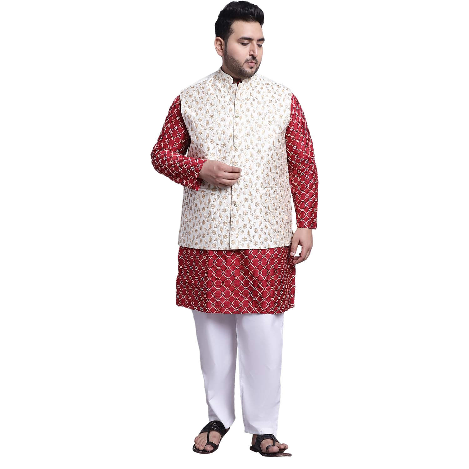 sojanya (Since 1958 Men's Silk Blend Maroon Kurta and Cream Pyjama with Beige Emb Nehrujacket-picture-32