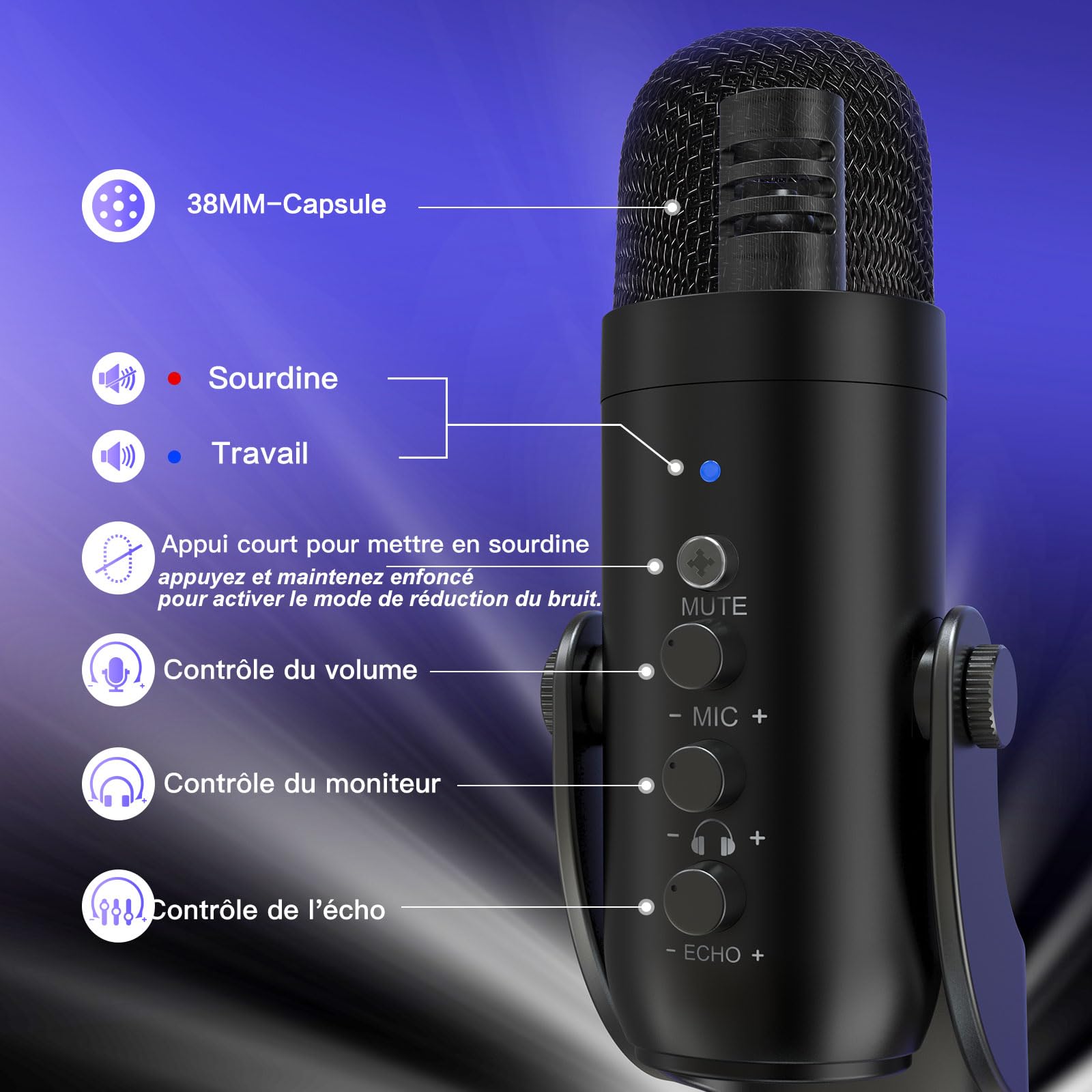 ZealSound Micro Podcast USB à Condensateur - Réduction du Bruit Microphone pour PC, téléphone & iPhone, avec Muet, Gain & Echo, pour Gaming, Streaming, Enregistrement, Twitch, Mac, Windows et PS5, K66