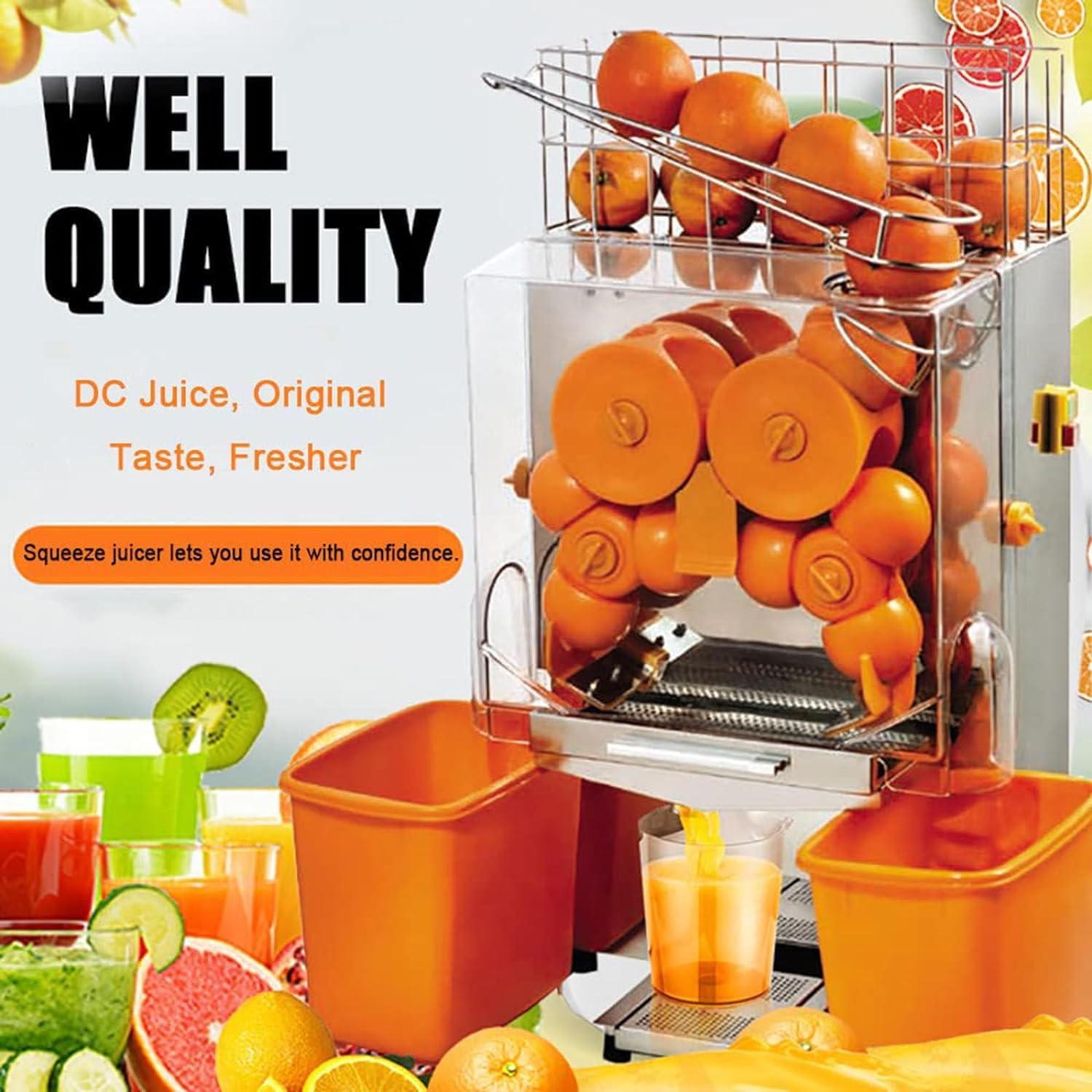 120W Commercial Electric Auto-Feed Orange Juice Squeezer Machine, Squeeze 20-22 Oranges/Minute (Up to 7 cups) With Plastic Tanks