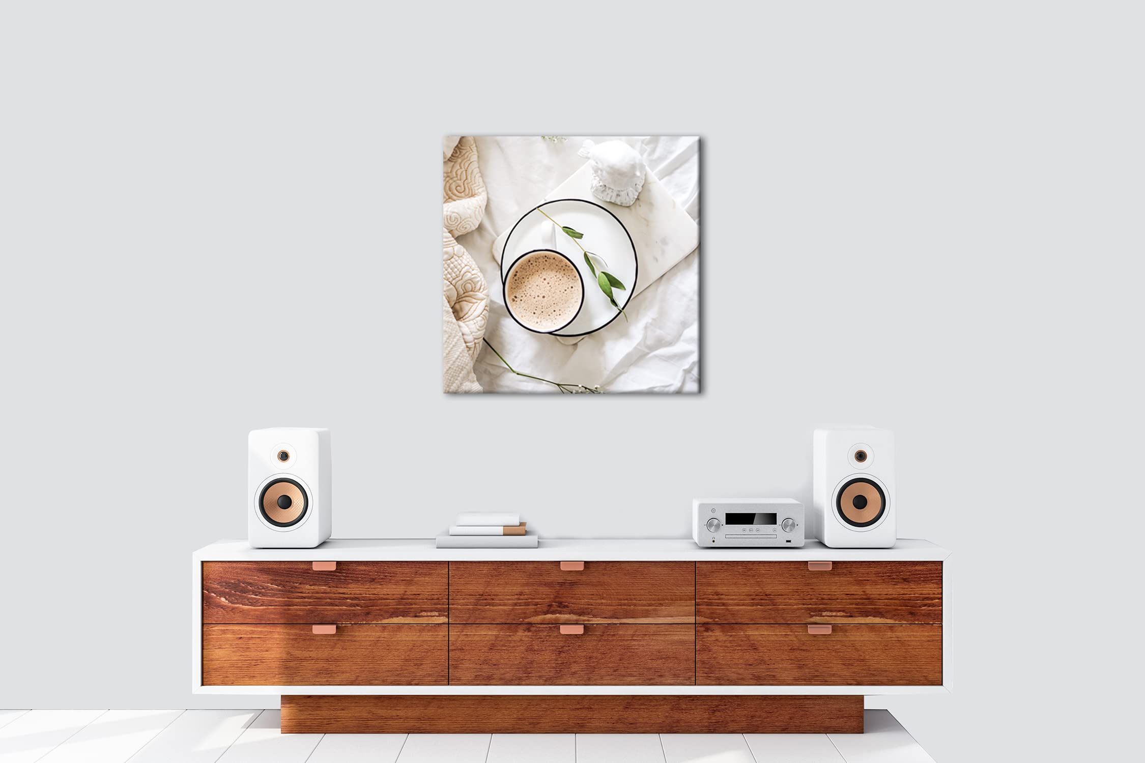 Rahmenlos - Lienzo con diseño de café en la mañana (70 x 70 cm, con marco de madera, impresión digital de alta calidad, sin póster ni cartel)