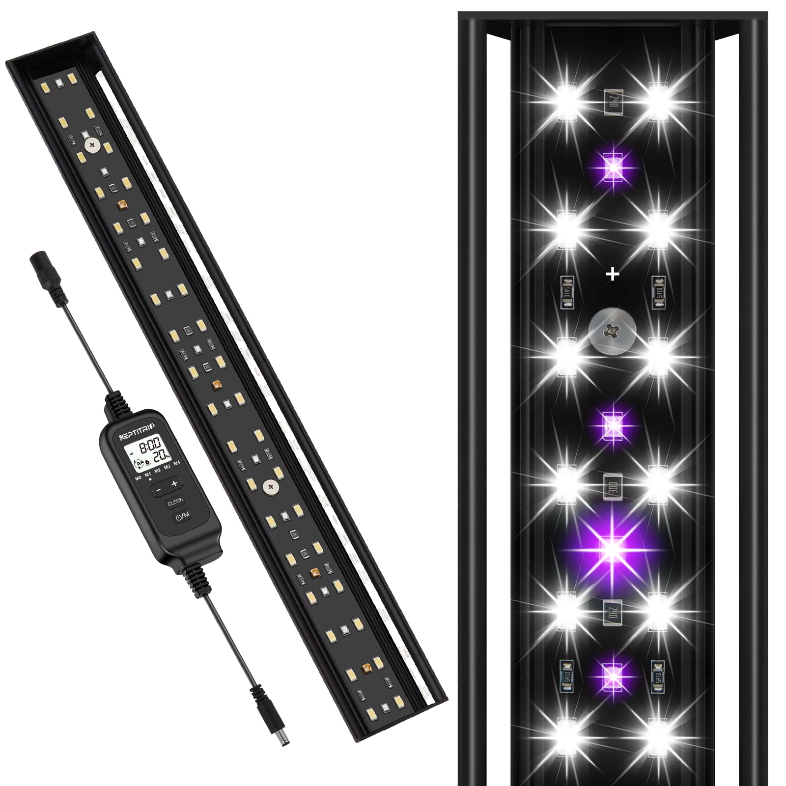REPTITRIPP - Luz UVB de 14 W para reptiles, regulador de luz UVB para reptiles con atenuación y 4 modos UVI, luz UVB de aluminio de 16 pulgadas para tortuga serpiente dragón barbudo, LED 6500K
