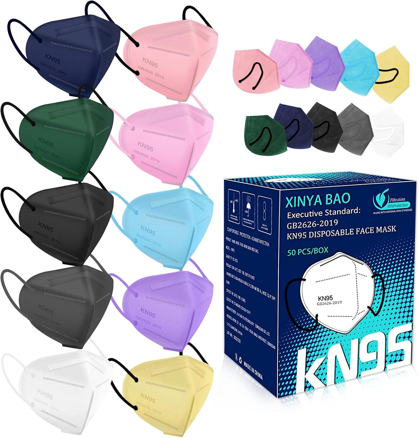 XINYA BAO 50 Pack KN95 Disposable Face Mask 5Ply