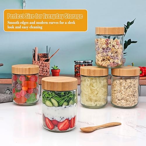 Miniatura 7 de Encheng Tarros de vidrio de 16 onzas con tapas, recipientes de avena durante la noche con tapas de bambú, recipientes de almacenamiento de alimentos