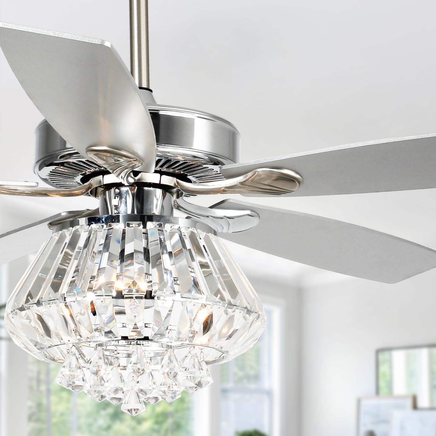 Parrot Uncle Crystal Fandelier Ceiling Fan with Light 52 Inch Ceiling Fans with Lights and Remote, Noiseless AC Motor, Modern Chandeliers Fans for Living Room