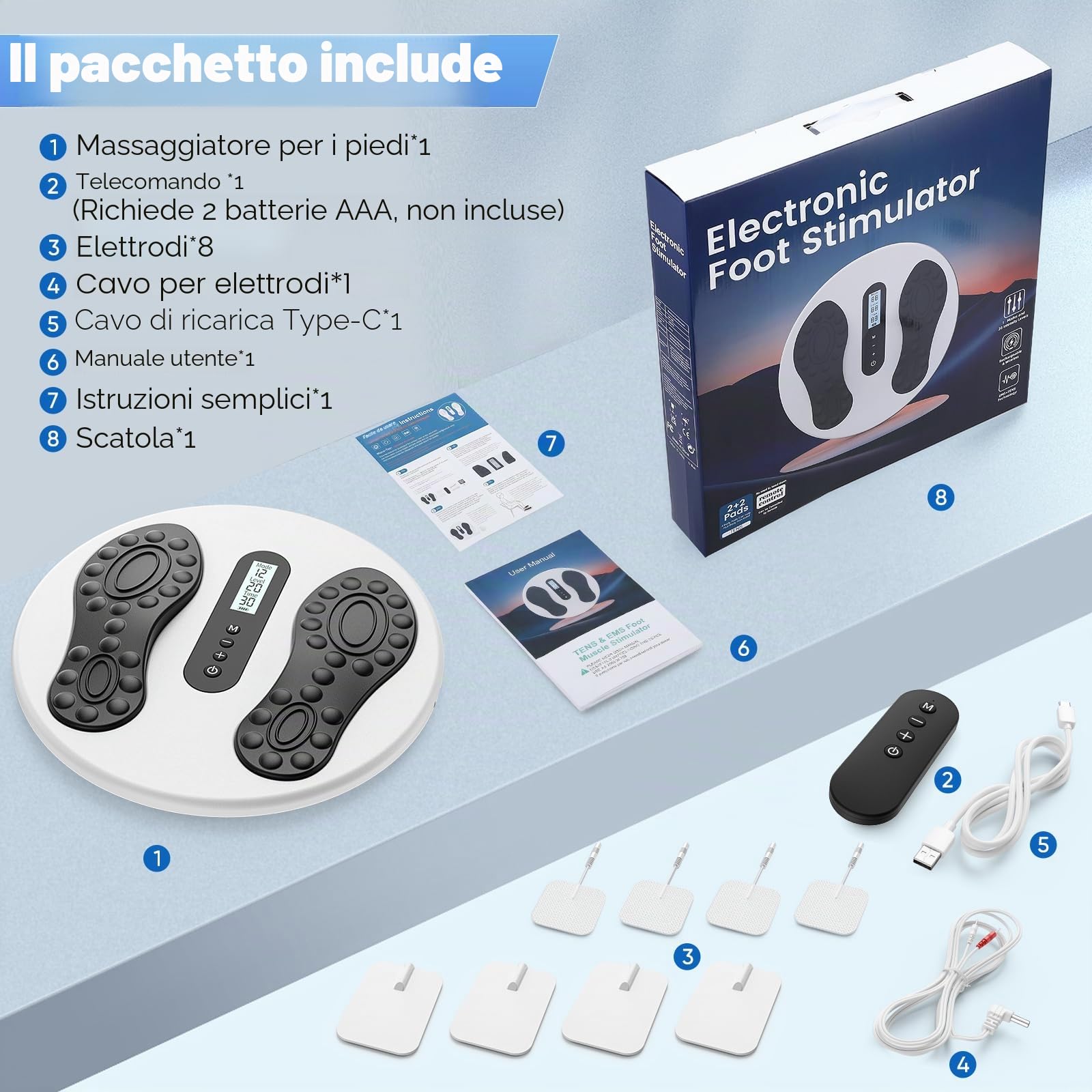Stimolatore di circolazione per piedi e gambe, massaggiatore per piedi EMS con 8 cuscinetti TENS, 12 modalità e 20 livelli di intensità, massaggiatore elettrico per piedi allevia neuropatie e