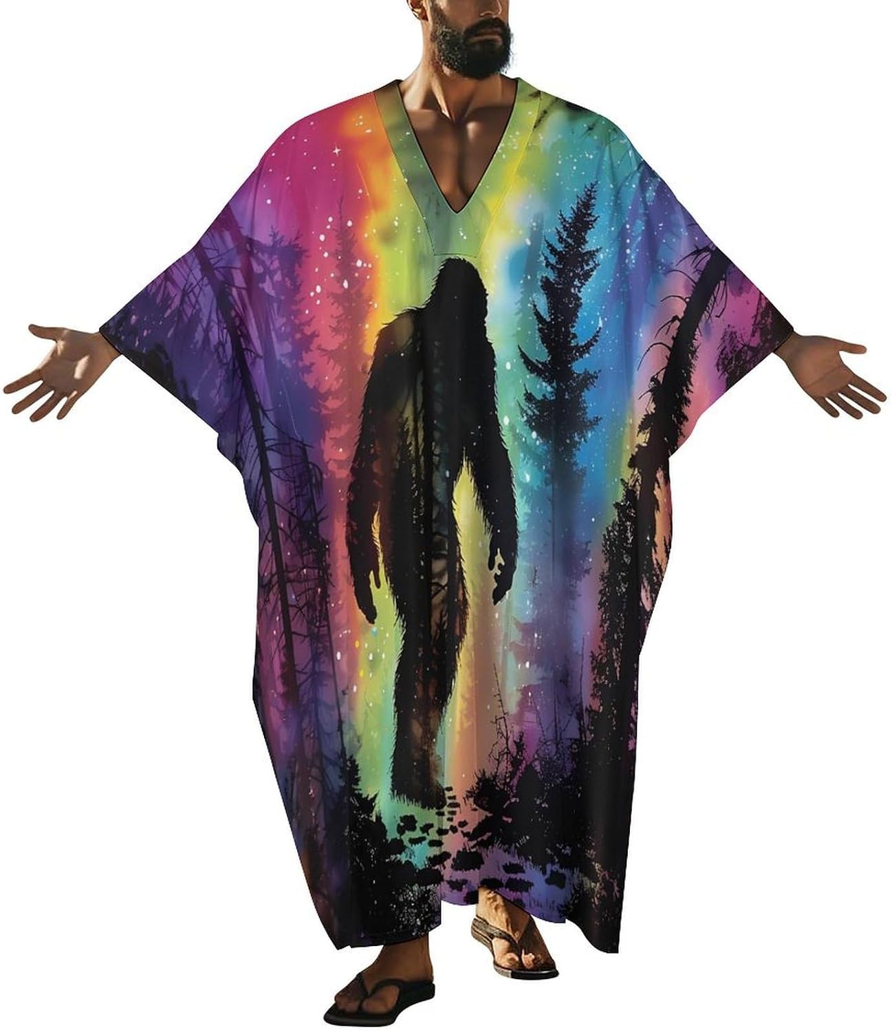 Bigfoot Colorful Psychedelic Forests Mist Men's Kaftan Thobe V-Neck Long Gown Loose Robe