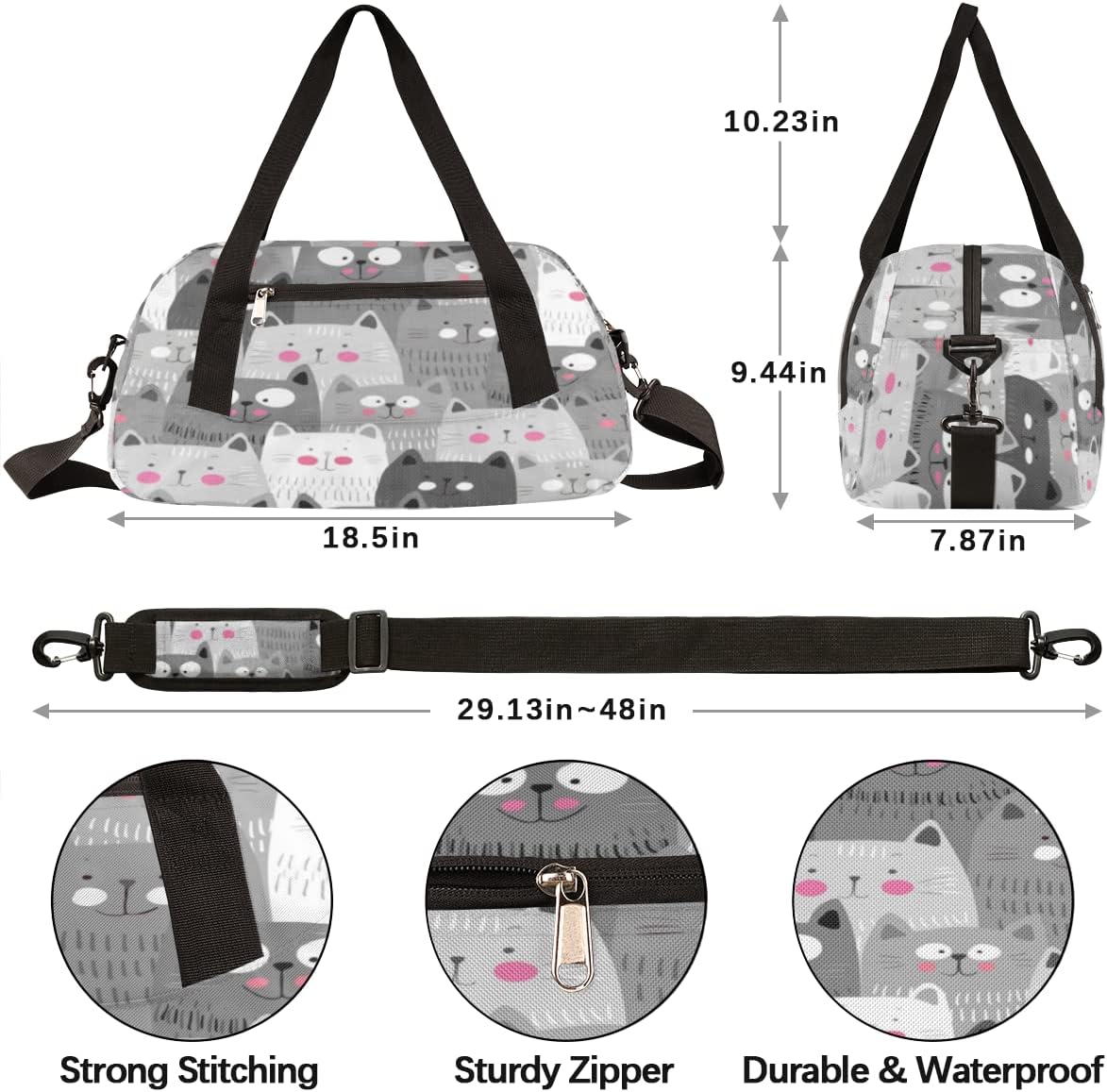 Cute Grey Cats Kids Duffel Bag for Boys Girls Sports/Dance/Travel, Lovely Animal Print Sport Gym Bag Personalized School Practice Organizer Carry-On Weekender Bag