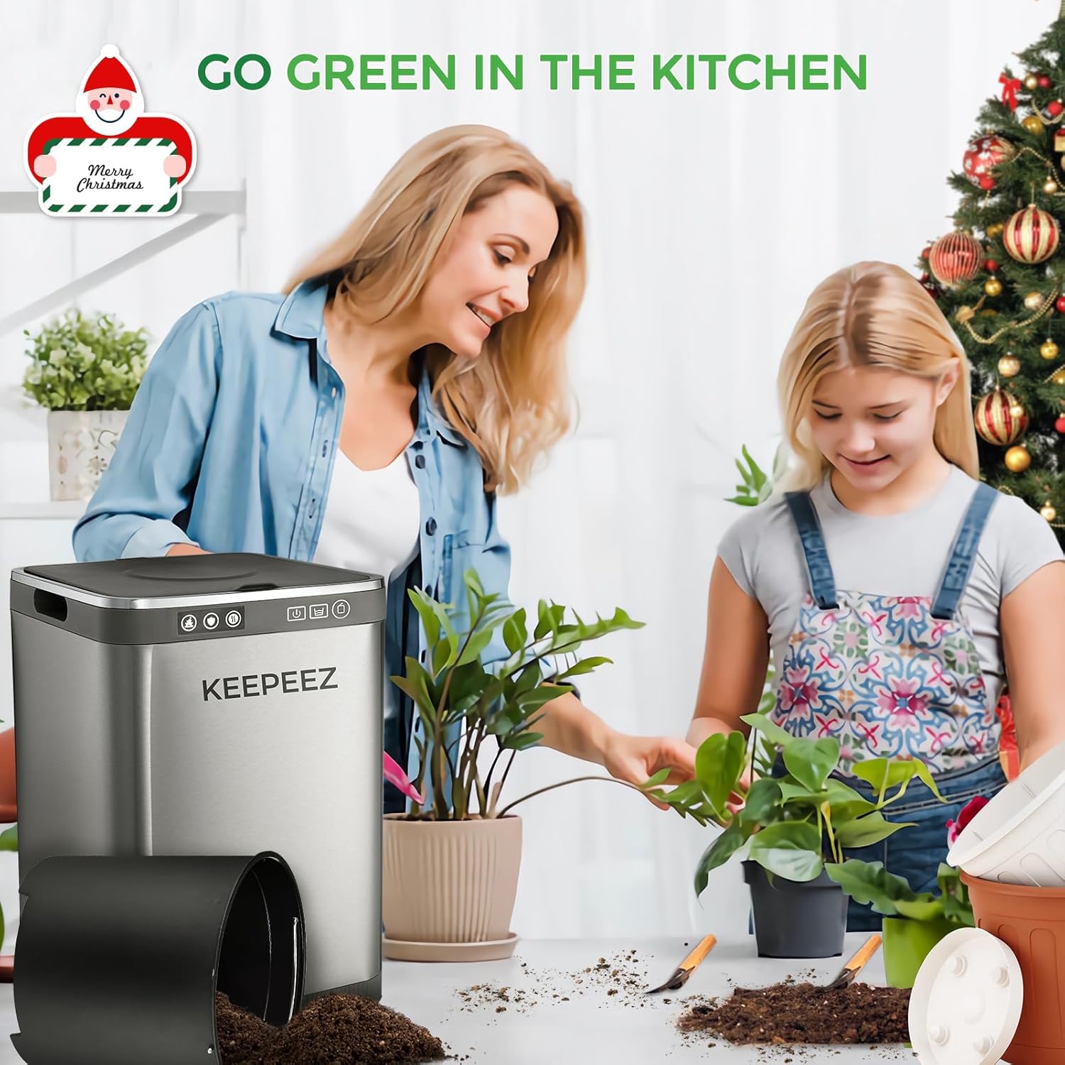 KEEPEEZ Electric Composter with composted material being used for plants