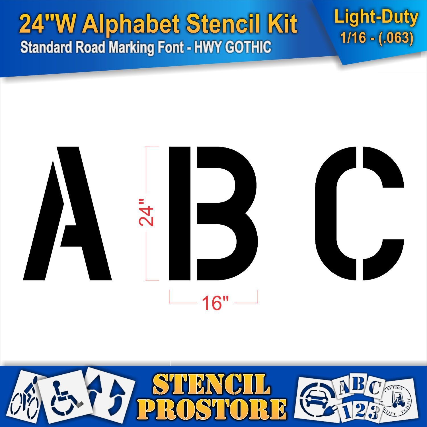 Pavement Stencils - 24 inch Alphabet KIT Stencil Set - (28 Piece) - 24" x 16" x 1/16" (63 mil) - Light-Duty