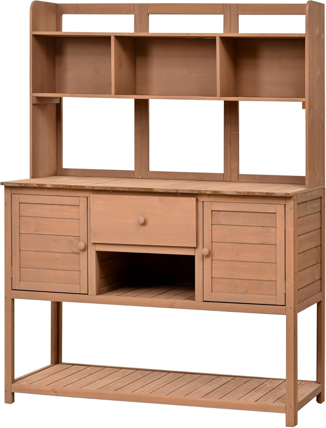 Large Potting Bench with Storage Hutch Solid Fir Wood Outdoor Garden Workstation Table with Adjustable Shelves Drawer Cabinets and Hooks 3 Colors for Patio and Backyard Organization