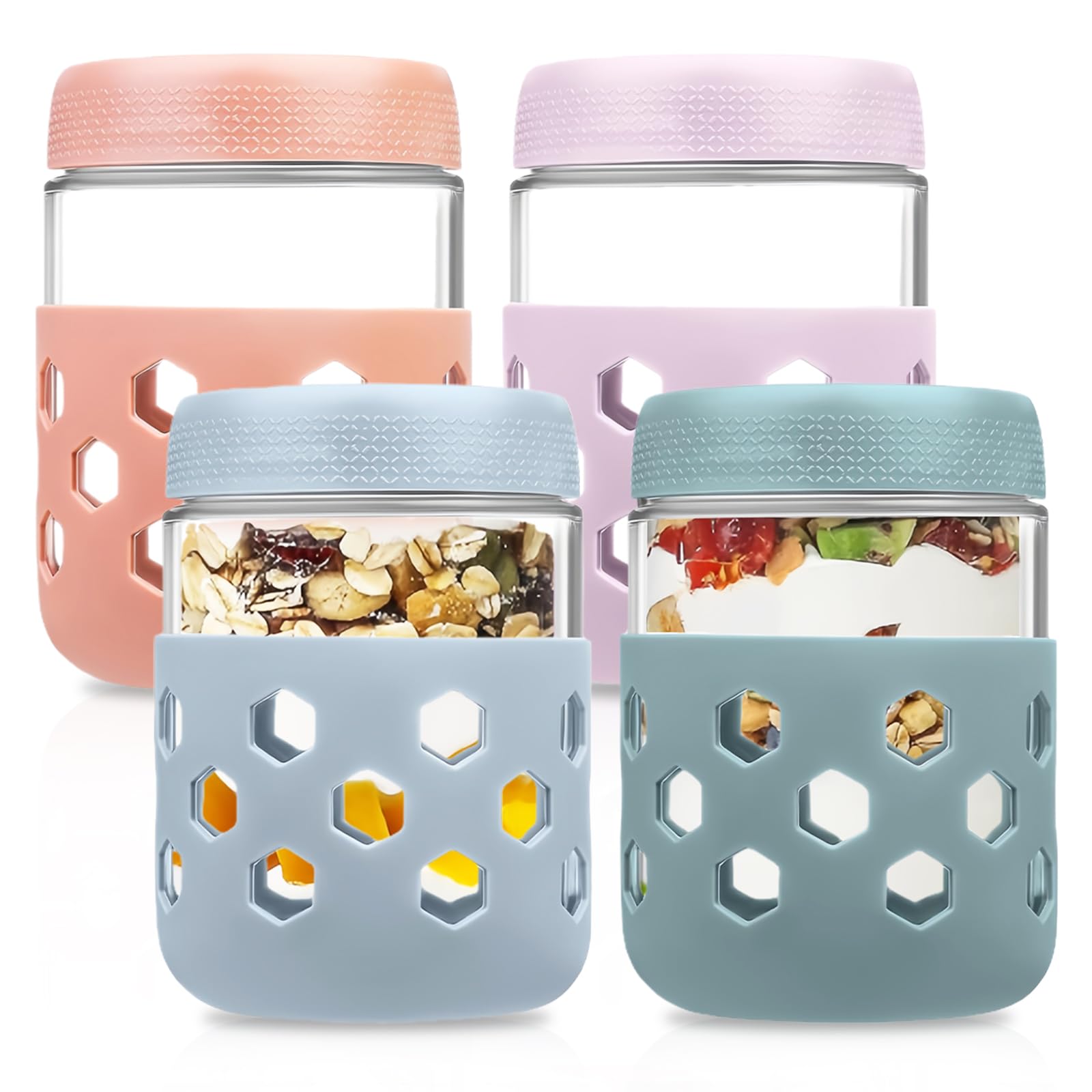 Eidoct Clear, Blue, Green, Red 4-Pack 15.8Oz Glass Jar Overnight Oats Container With Screw Lid Leakproof And Silicone Sleeve, Yogurt Jars, Oatmeal Salad Jars, Cereals Milk Fruit Condiment(4-Pack 450Ml With Silicone Sleeves)