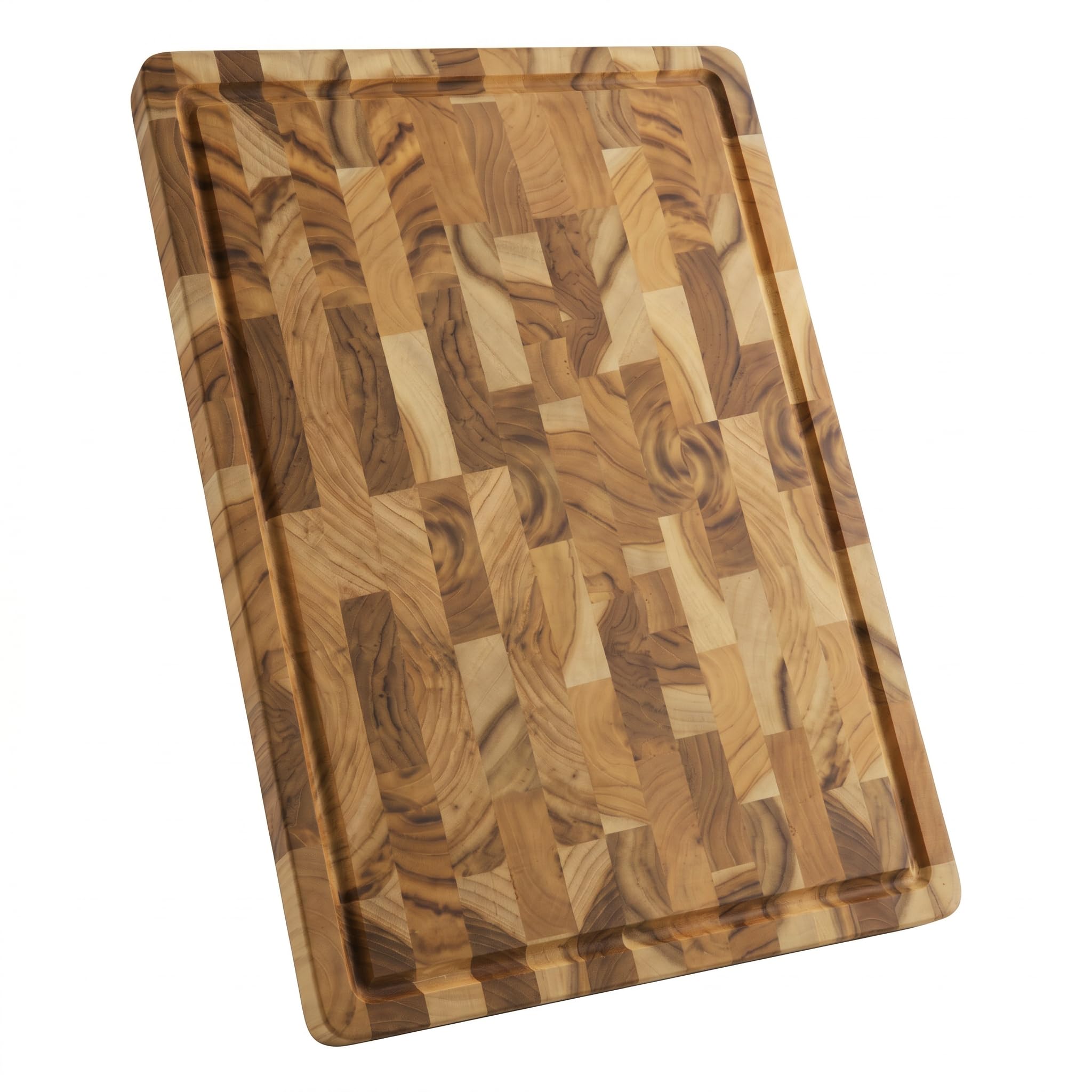 End Grain Schneidebrett aus Massivholz, beidseitiges Hackbrett mit Saftrille, lebensmittelechtes Küchen-Tranchierbrett in 2 verschiedenen Designs (End-Grain Design, Teakholz)
