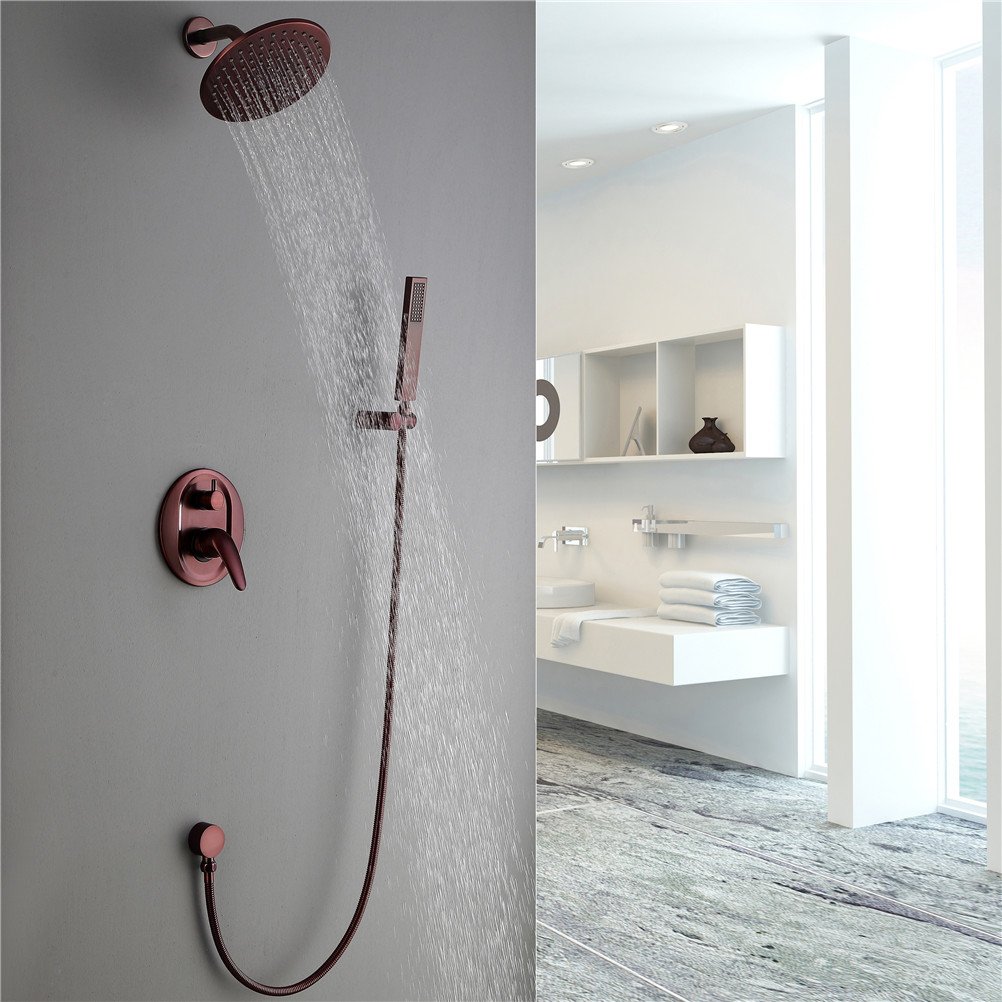 Set Doccia, Miscelatore Doccia in Ottone Massiccio con valvola in Ceramica a Parete e Finitura Bronzo Anticato, Rubinetto Doccia a Pioggia in Ottone da 8", A