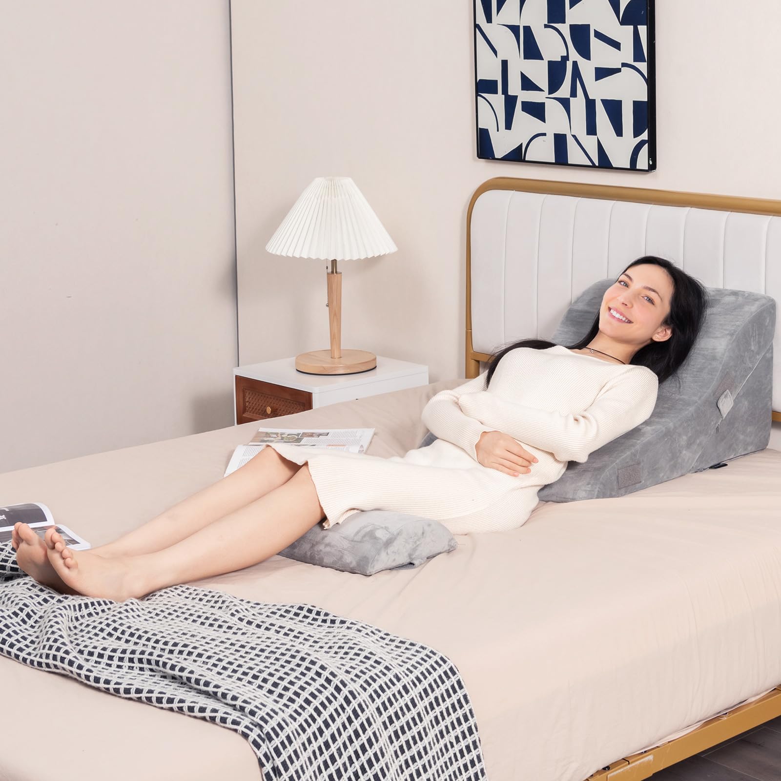 GOPLUS Juego de 3 cojines de cuña con cojín cervical extraíble y funda lavable, cojín de respaldo con espuma viscoelástica, soporte para la espalda, cojín de lectura para cama y sofá