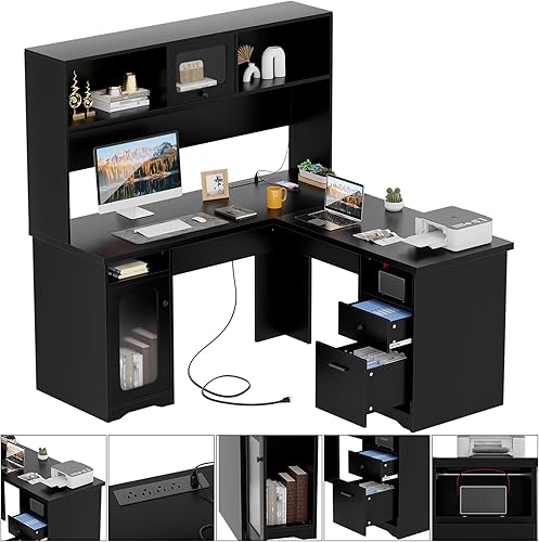 Miniatura 4 de Unikito Escritorio de oficina en forma de L con cajones y gabinete, escritorio grande para computadora con toma de corriente y tira LED, escritorio