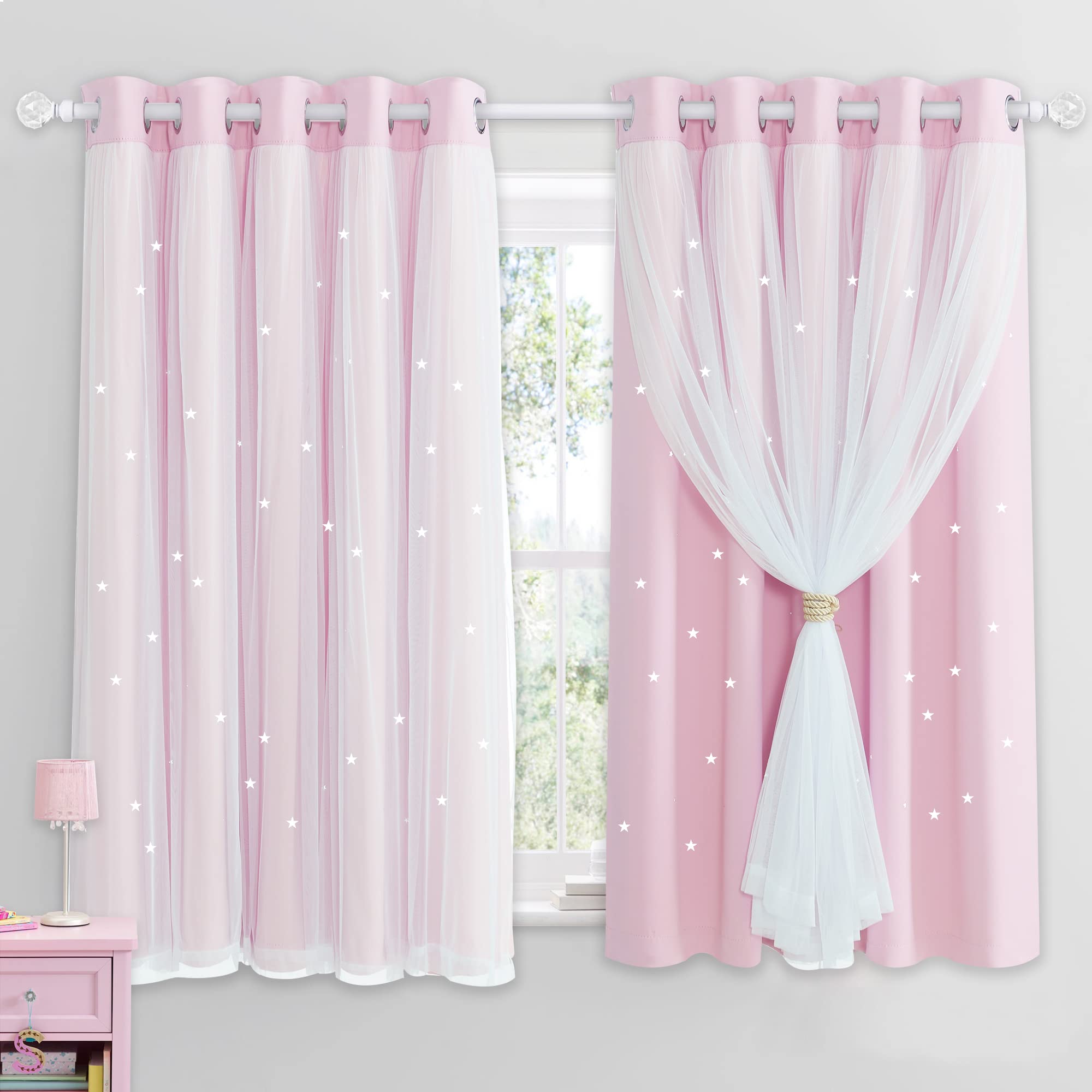 NICETOWN Blackout Pink Curtains for Bedroom - Stars Cut Out Thermal Curtains for Kids Nursery Girls Living Room Panels with Eyelet for Windows, 2 Panels, W90 x L54 Inch (228x137 cm), Pink