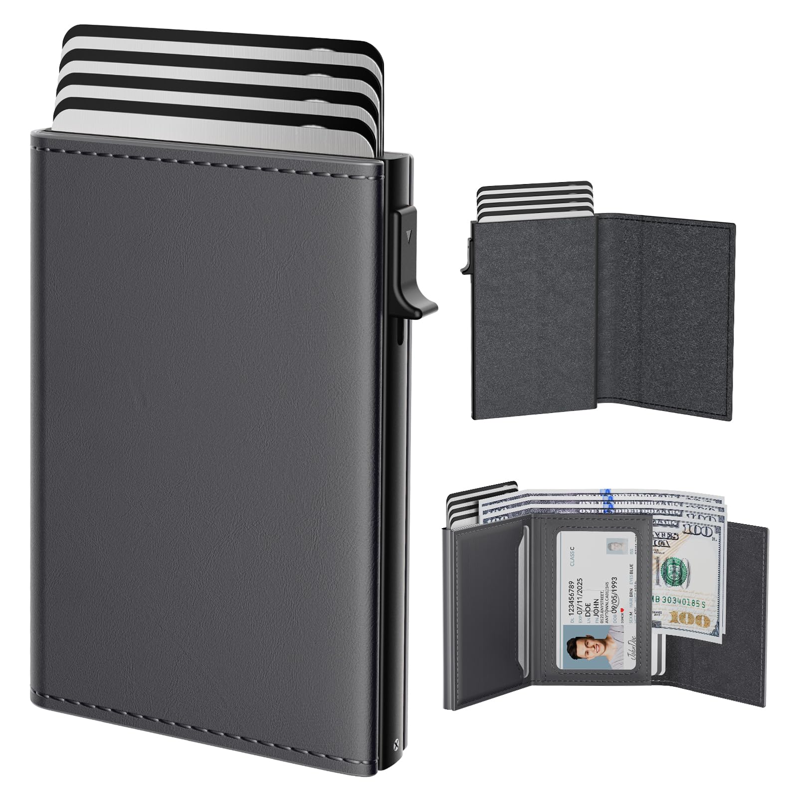 typecase Mens Wallet Card Holder: Pop Up Aluminum Case, Premium Genuine Leather, Smart, RFID Blocking, Slim, Minimalist, Front Pocket - 9-14 Card Capacity | ID Window | Cash Slot - Deep Grey