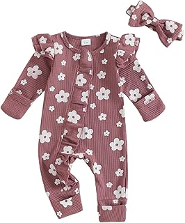 allshope Infant Baby Girl Fall Outfit Sweatshirt Romper Floral Print Long Sleeve Jumpsuit Newborn Waffle Clothes